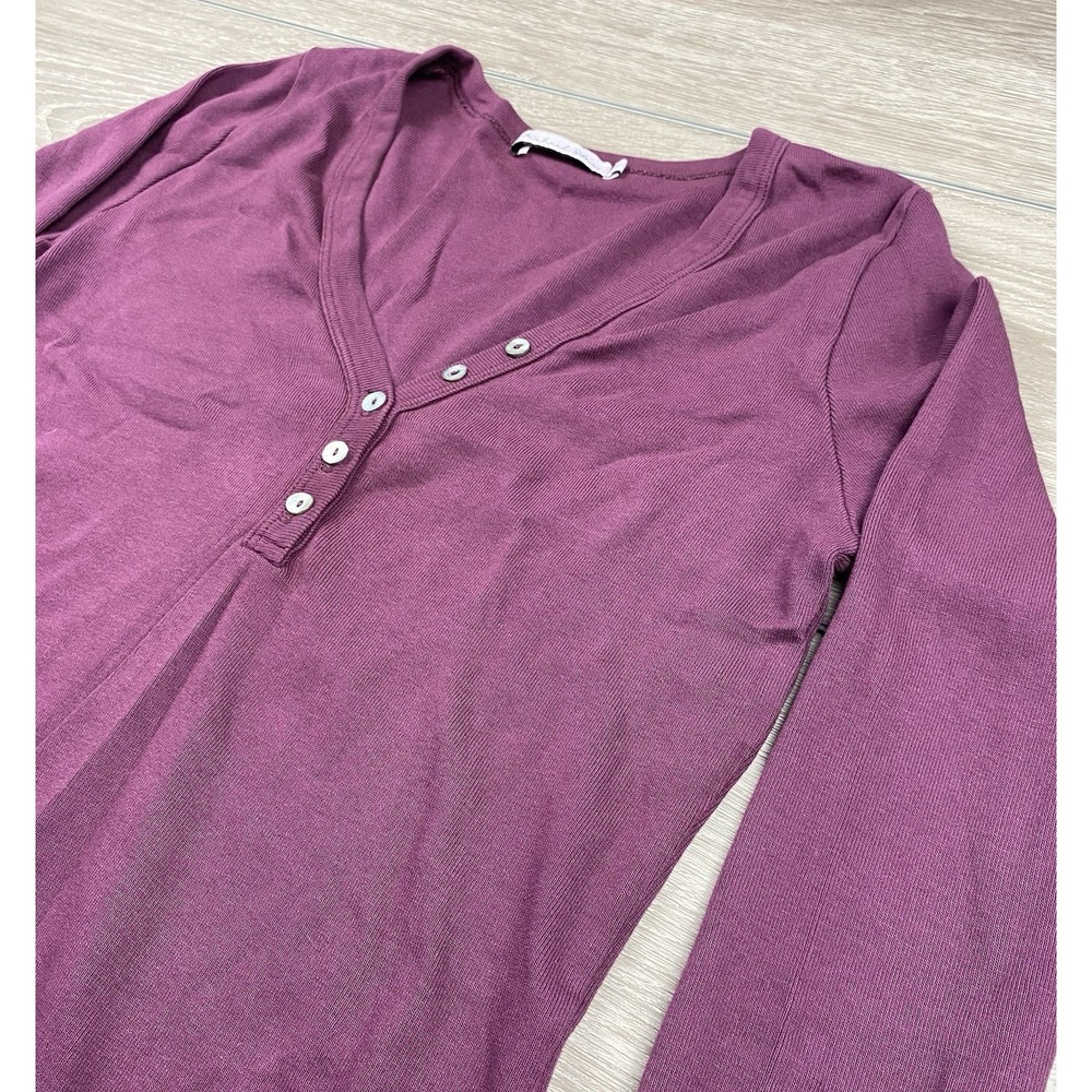 Michael Stars Women's Long Sleeve‎ Lucy V Neck Henley Top Plum Purple One Size